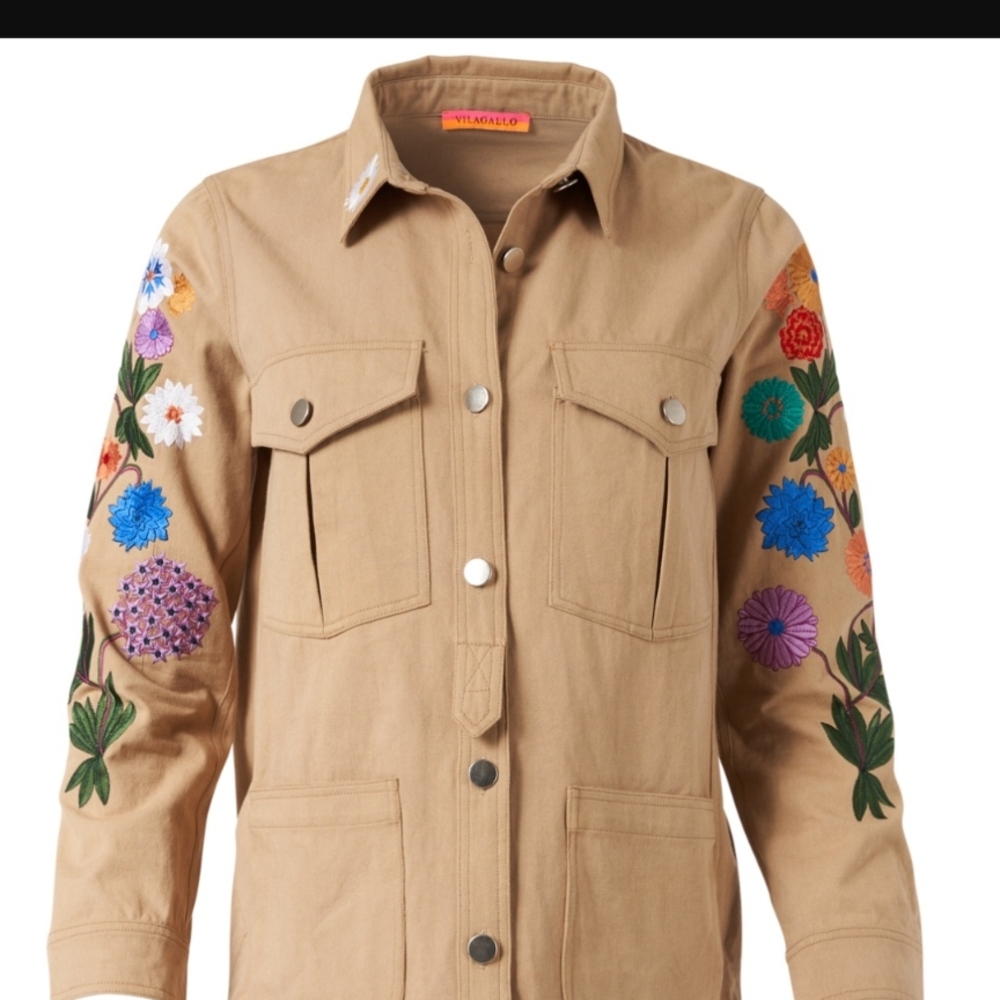 Vilagallo Tan Utility Jacket with Vibrant Floral Embroidery